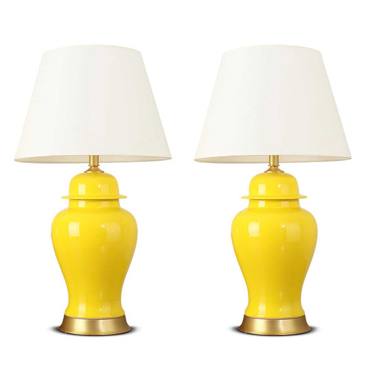 SOGA 2X Oval Ceramic Table Lamp with Gold Metal Base Desk Lamp Yellow