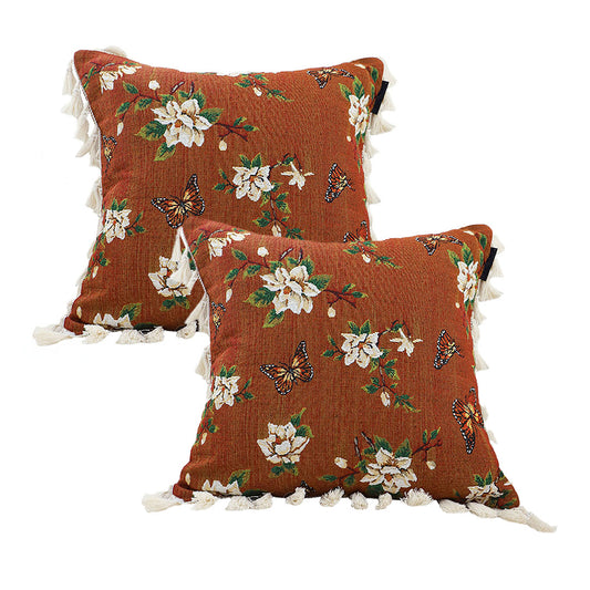 SOGA 2X 45cm French Vintage Butterfly and Flower Tassel with Caramel Color Throw Pillow