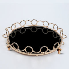 SOGA 38cm Black-Colored Round Mirror Glass Metal Tray Vanity Makeup Perfume Jewelry Organiser with Bronze Metal Frame Handles