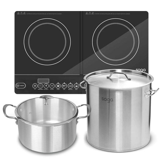 SOGA Dual Burners Cooktop Stove 21L Stainless Steel Stockpot 30cm and 30cm Induction Casserole