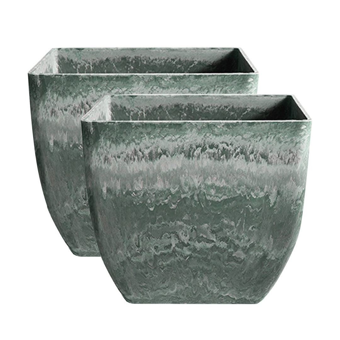 SOGA 2X 27cm Green Grey Square Resin Plant Flower Pot in Cement Pattern Planter Cachepot for Indoor Home Office