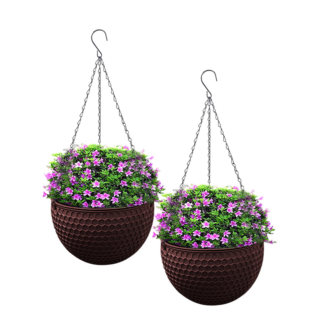 SOGA 2X Coffee Medium Hanging Resin Flower Pot Self Watering Basket Planter Outdoor Garden Decor