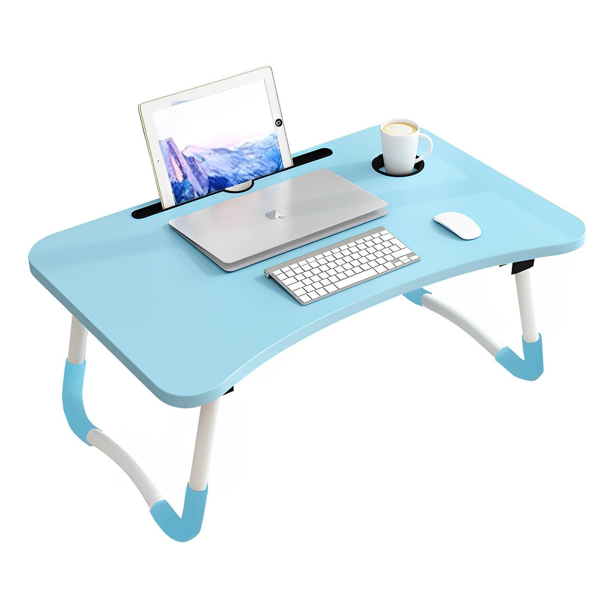 SOGA Blue Portable Bed Table Adjustable Foldable Bed Sofa Study Table Laptop Mini Desk with Notebook Stand Cup Slot Home Decor