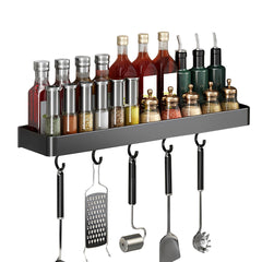 SOGA 32cm Black Wall-Mounted Rectangular Kitchen Spice Storage Organiser Space Saving Condiments Shelf Rack with Hooks