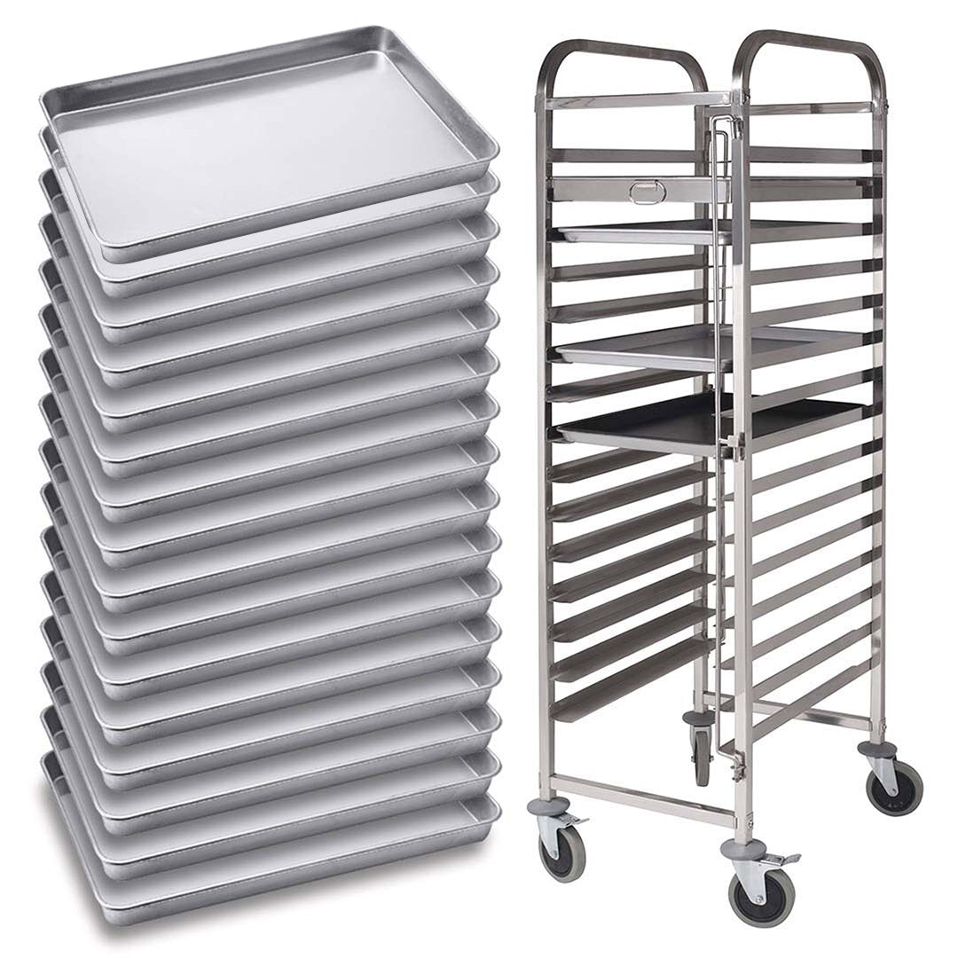 SOGA Gastronorm Trolley 16 Tier Stainless Steel with 60*40*5cm Aluminum Baking Pan Cooking Tray for Bakers