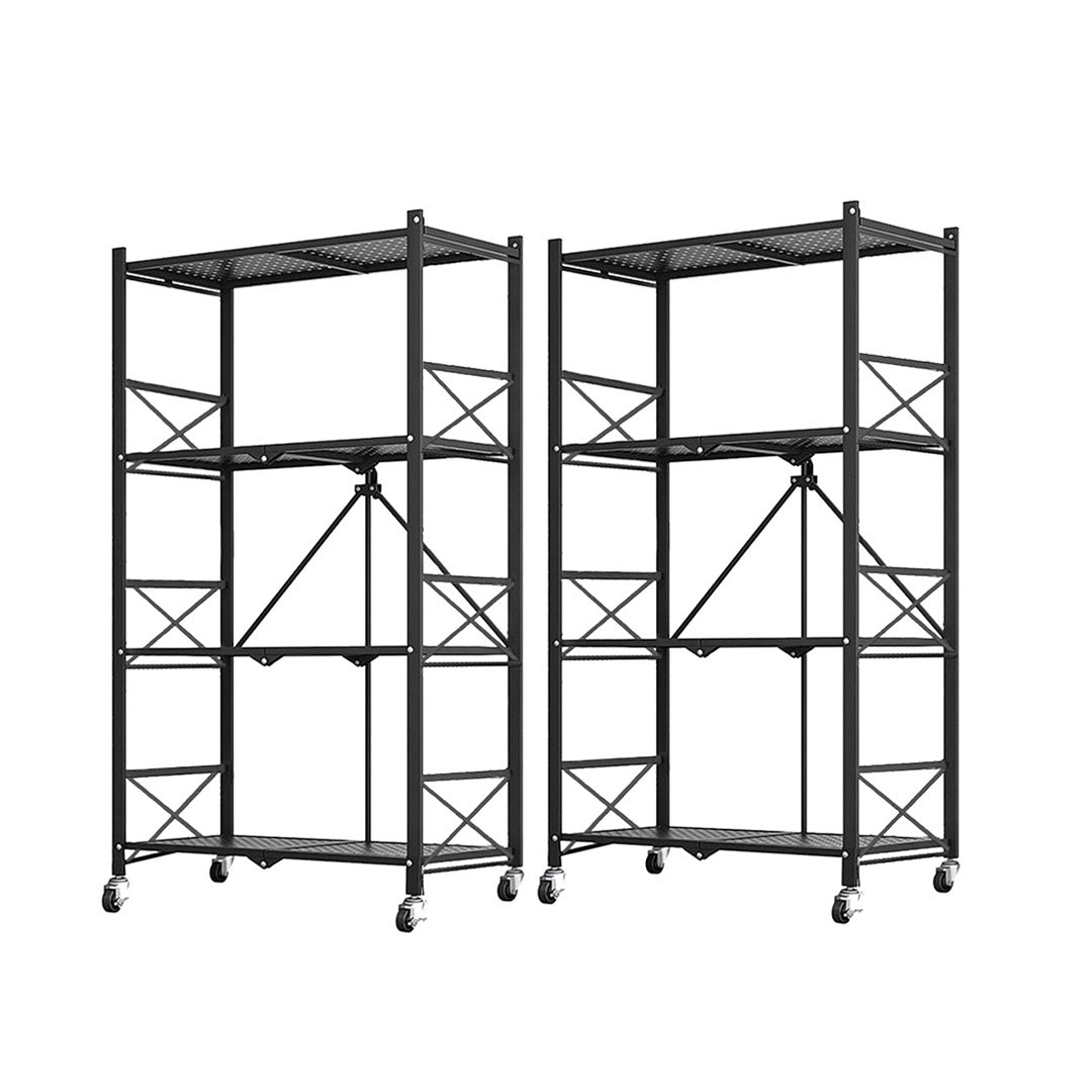 SOGA 2X 4 Tier Steel Black Foldable Display Stand Multi-Functional Shelves Storage Organizer with Wheels