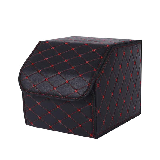 SOGA Leather Car Boot Collapsible Foldable Trunk Cargo Organizer Portable Storage Box Black/Red Stitch Small