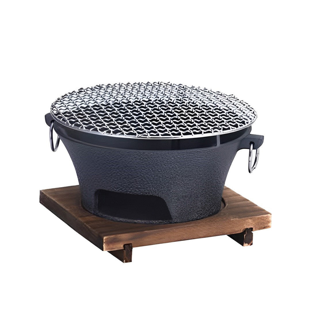 SOGA Medium Cast Iron Round Stove Charcoal Table Net Grill Japanese Style BBQ Picnic Camping with Wooden Board