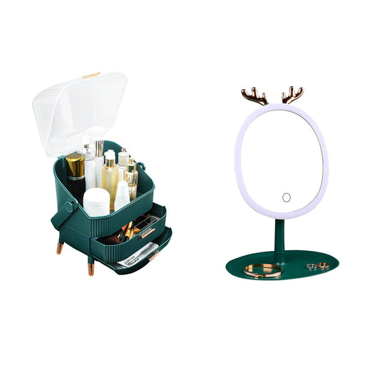 SOGA Green Cosmetic Jewelry Storage Organiser with Antler LED Light Mirror Tabletop Vanity Set