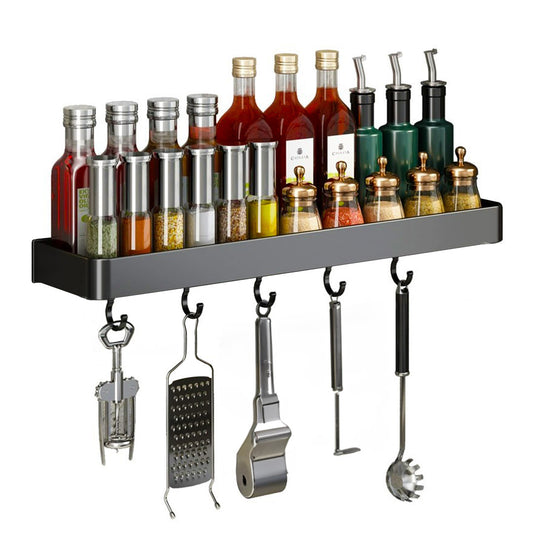 SOGA 52cm Black Wall-Mounted Rectangular Kitchen Spice Storage Organiser Space Saving Condiments Shelf Rack with Hooks