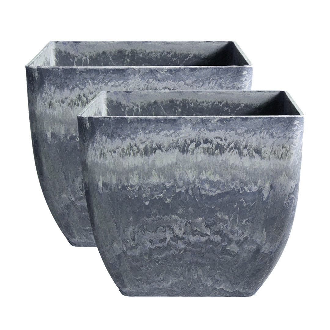 SOGA 2X 27cm Weathered Grey Square Resin Plant Flower Pot in Cement Pattern Planter Cachepot for Indoor Home Office