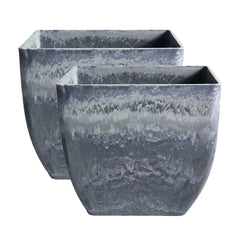 SOGA 2X 27cm Weathered Grey Square Resin Plant Flower Pot in Cement Pattern Planter Cachepot for Indoor Home Office