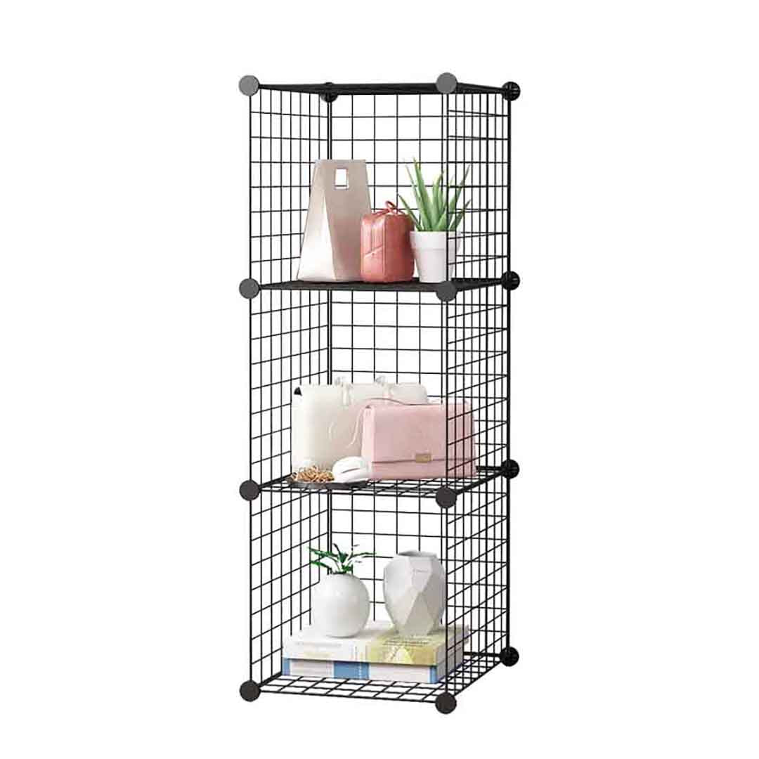 SOGA Black Portable 3 Tier Cube Storage Organiser Foldable DIY Modular Grid Space Saving Shelf