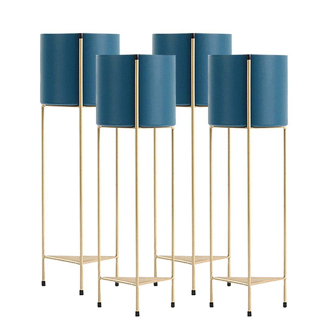 SOGA 4X 2 Layer 81cm Gold Metal Plant Stand with Blue Flower Pot Holder Corner Shelving Rack Indoor Display