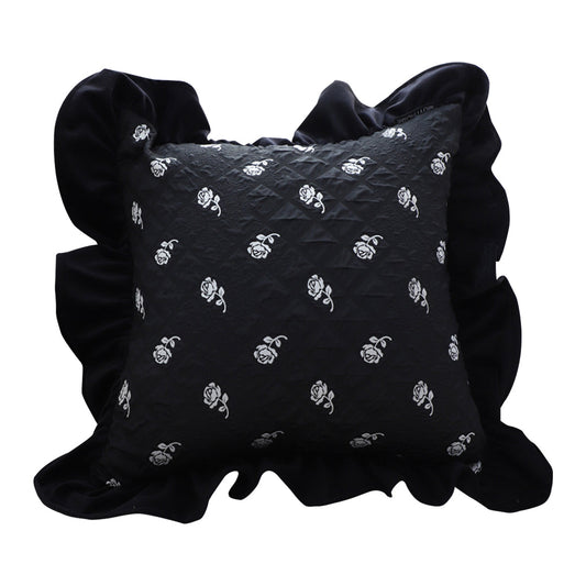 SOGA 45cm Throw Pillow Black Ruffled Square Decorative Cushion for Rose Lovers Cozy Home Decor