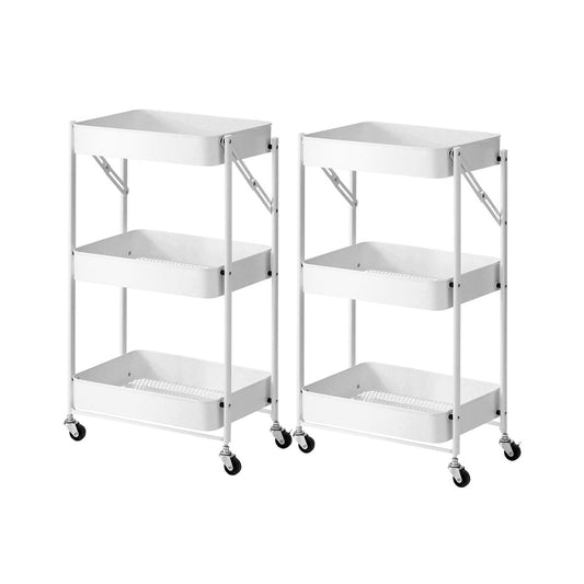 SOGA 2X 3 Tier Steel White Foldable Kitchen Cart Multi-Functional Shelves Storage Organizer with Wheel