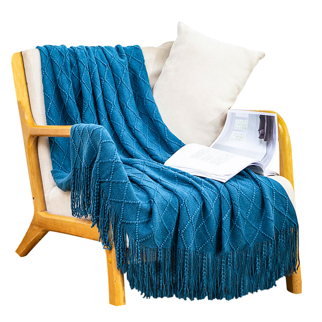 SOGA Royal Blue Diamond Pattern Knitted Throw Blanket Warm Cozy Woven Cover Couch Bed Sofa Home Decor with Tassels