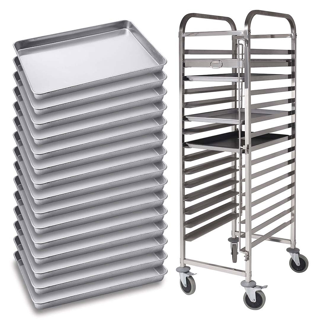 SOGA Gastronorm Trolley 15 Tier Stainless Steel with 60*40*5cm Aluminum Baking Pan Cooking Tray for Bakers