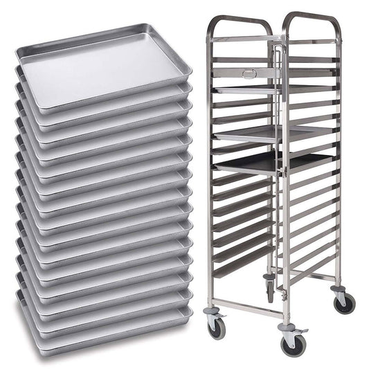 SOGA Gastronorm Trolley 15 Tier Stainless Steel with 60*40*5cm Aluminum Baking Pan Cooking Tray for Bakers