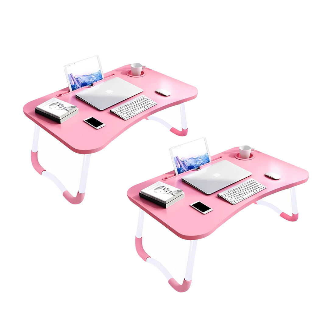 SOGA 2X Pink Portable Bed Table Adjustable Folding Mini Desk Notebook Stand Card Slot Holder with Cup-Holder Home Decor