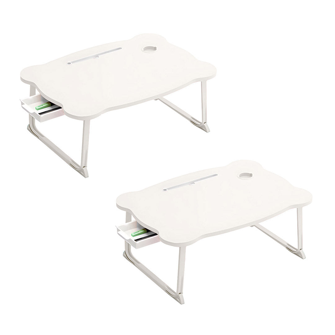 SOGA 2X White Portable Bed Table Adjustable Folding Mini Desk With Mini Drawer and Cup-Holder Home Decor