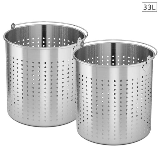 SOGA 2X 33L 18/10 Stainless Steel Perforated Stockpot Basket Pasta Strainer with Handle