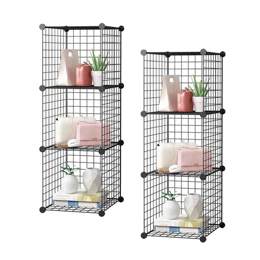 SOGA 2X Black Portable 3 Tier Cube Storage Organiser Foldable DIY Modular Grid Space Saving Shelf