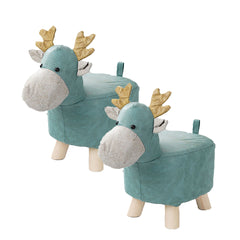 SOGA 2X Green Children Bench Deer Character Round Ottoman Stool Soft Small Comfy Seat Home Decor