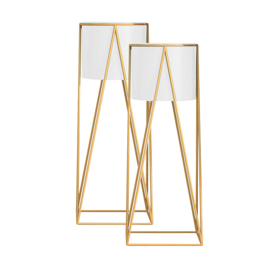 SOGA 2X 50cm Gold Metal Plant Stand with White Flower Pot Holder Corner Shelving Rack Indoor Display