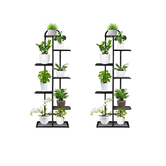 SOGA 2X 7 Tier 8 Pots Black Metal Plant Stand Flowerpot Display Shelf Rack Indoor Home Office Decor