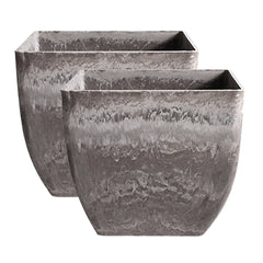 SOGA 2X 27cm Rock Grey Square Resin Plant Flower Pot in Cement Pattern Planter Cachepot for Indoor Home Office