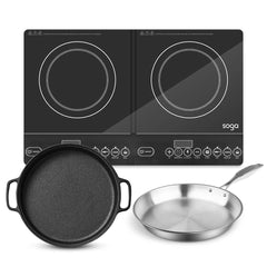 SOGA Dual Burners Cooktop Stove 30cm Cast Iron Frying Pan Skillet and 28cm Induction Fry Pan