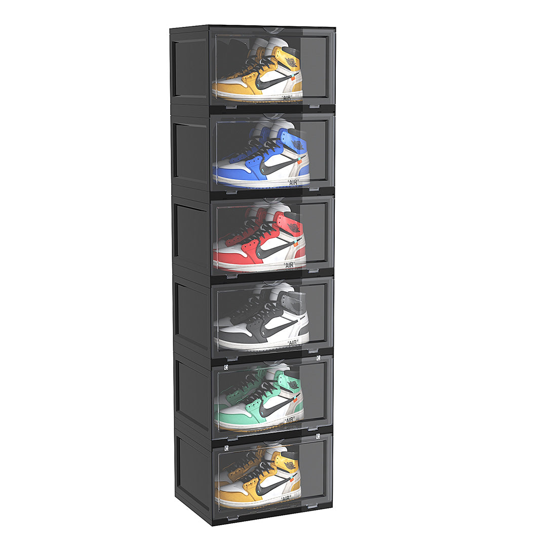 SOGA 6 Tier Black Portable Shoe Organiser Sneaker Footwear Folding Plastic Bin Stackable Storage Box with Magnetic Door