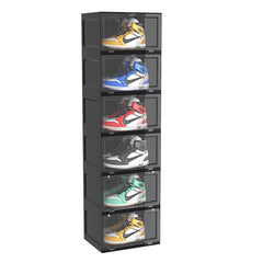 SOGA 6 Tier Black Portable Shoe Organiser Sneaker Footwear Folding Plastic Bin Stackable Storage Box with Magnetic Door