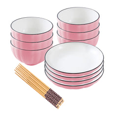 SOGA Pink Japanese Style Ceramic Dinnerware Crockery Soup Bowl Plate Server Kitchen Home Decor Set of 10