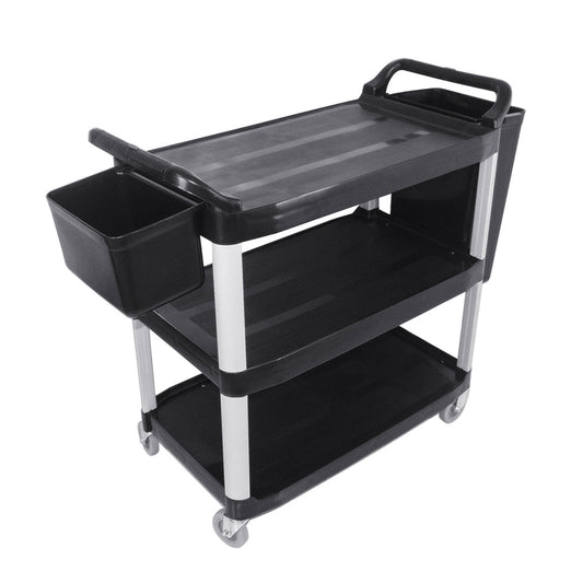 SOGA 3 Tier Food Trolley Food Waste Cart With Two Bins Storage Kitchen Black 83x43x95cm Small