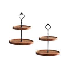 SOGA 2X 15cm 2 Tier  Brown Round Wooden Acacia Dessert Tray Cake Snacks Cupcake Stand Buffet Serving Countertop Decor