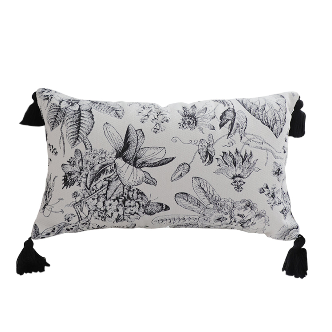 SOGA 35cm Throw Pillow  Black and White Floral Print Elegant with Tassel Accents Home Decor