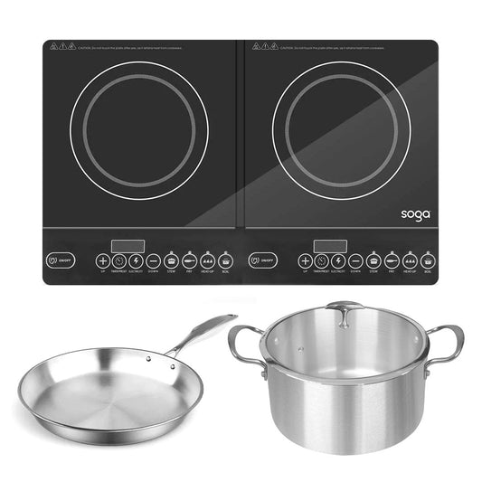 SOGA Dual Burners Cooktop Stove 28cmStainless Steel Induction Casserole and 28cm Fry Pan