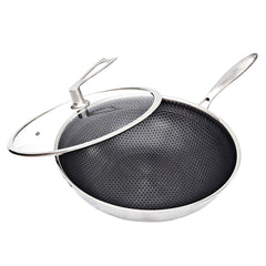 SOGA 32cm Stainless Steel Tri-Ply Frying Cooking Fry Pan Textured Non Stick Interior Skillet with Glass Lid