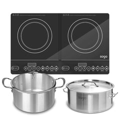 SOGA Dual Burners Cooktop Stove 17L Stainless Steel Stockpot 28cm and 30cm Induction Casserole