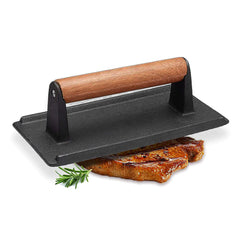 SOGA Cast Iron Bacon Meat Steak Press Grill BBQ with Wood Handle Weight Plate