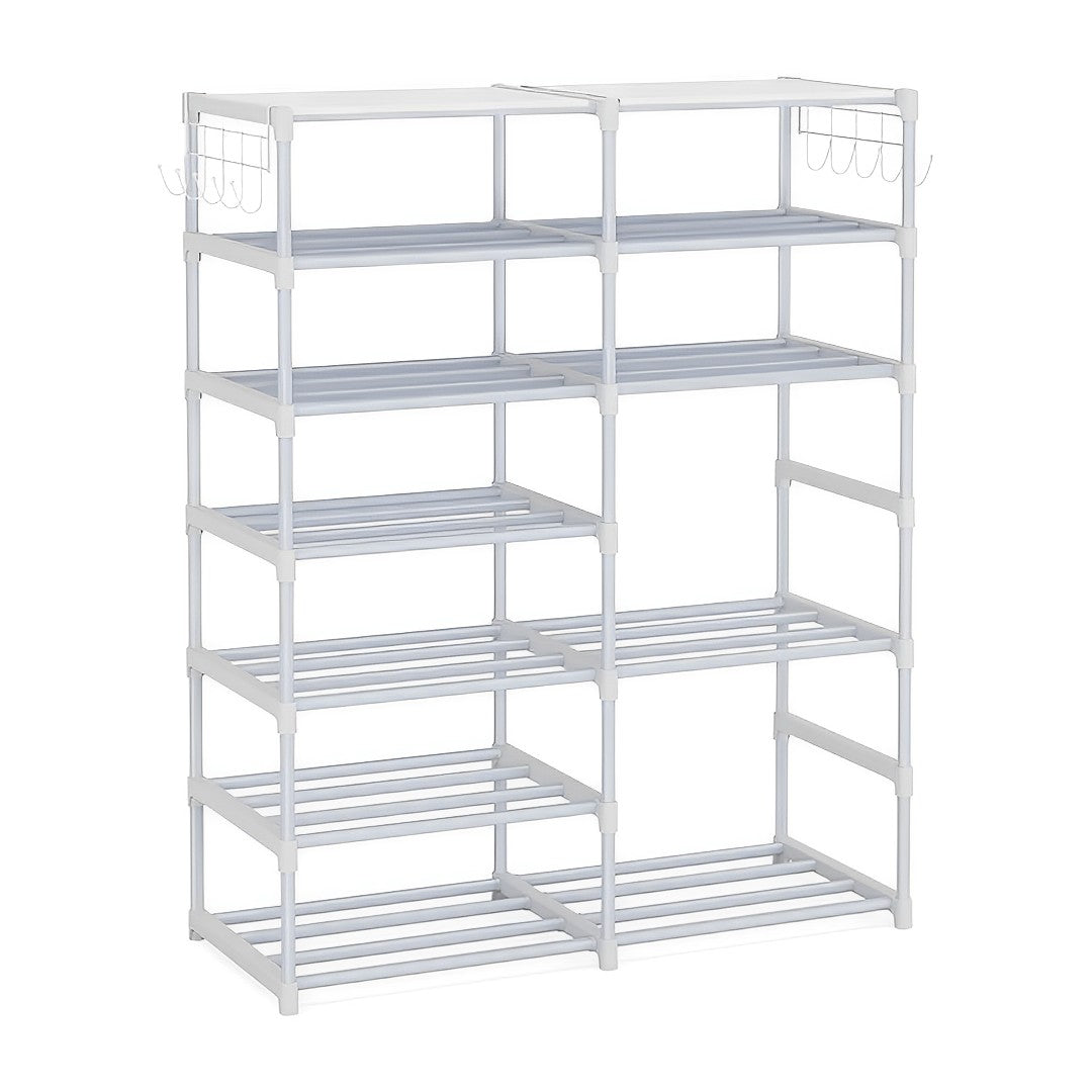 SOGA 12-Shelf Tier Shoe Storage Shelf Space-Saving Caddy Rack Organiser with Side Hooks White