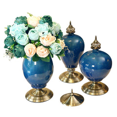 SOGA 3x Ceramic Oval Flower Vase with Blue Flower Set Dark Blue