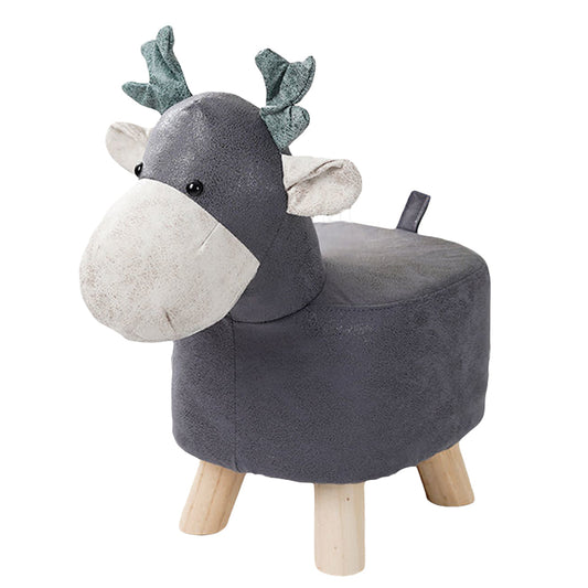 SOGA Grey Children Bench Deer Character Round Ottoman Stool Soft Small Comfy Seat Home Decor