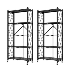 SOGA 2X 5 Tier Steel Black Foldable Kitchen Cart Multi-Functional Shelves Storage Organizer with Wheels