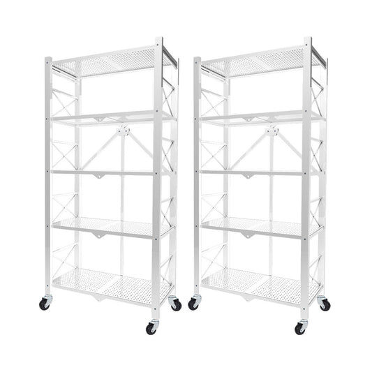 SOGA 2X 5 Tier Steel White Foldable Display Stand Multi-Functional Shelves Storage Organizer with Wheels