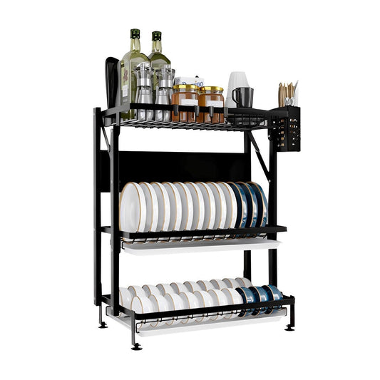 SOGA 3 Tier Steel Black Kitchen Countertop Drying Rack Dish Plate Cutlery Cutting Board Holder Dish Drainer Kitchen Organiser