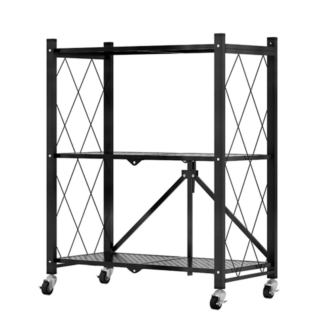 SOGA 3 Tier Steel Black Foldable Kitchen Cart Multi-Functional Shelves Storage Organizer with Wheels