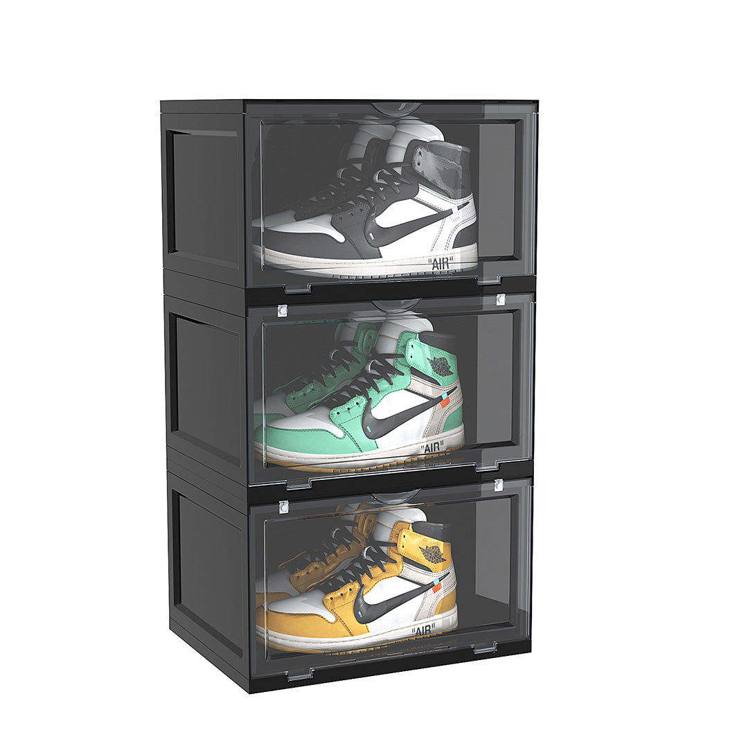 SOGA 3 Tier Black Portable Shoe Organiser Sneaker Footwear Folding Plastic Bin Stackable Storage Box with Magnetic Door